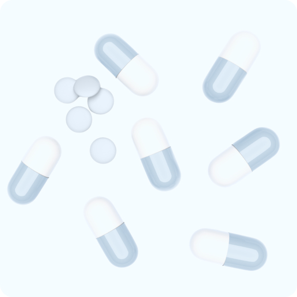 Illustration of capsules and tablets representing SeraNovo NanoGlass formulation technology for high-performance
